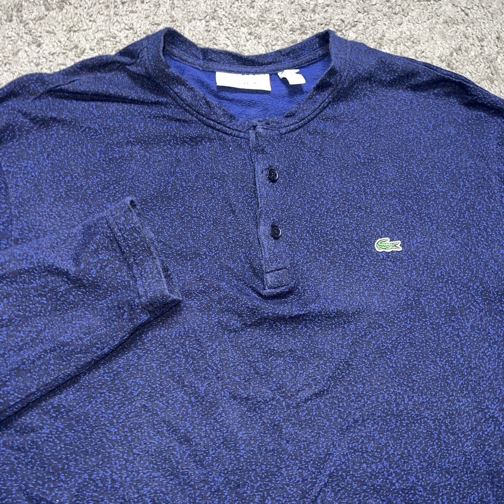 Lacoste Men's Blue Textured Knit Long Sleeve 8 Button Mock Neck Henley Shirt